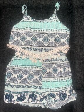 Blue & White Elephant Print Tassel Romper